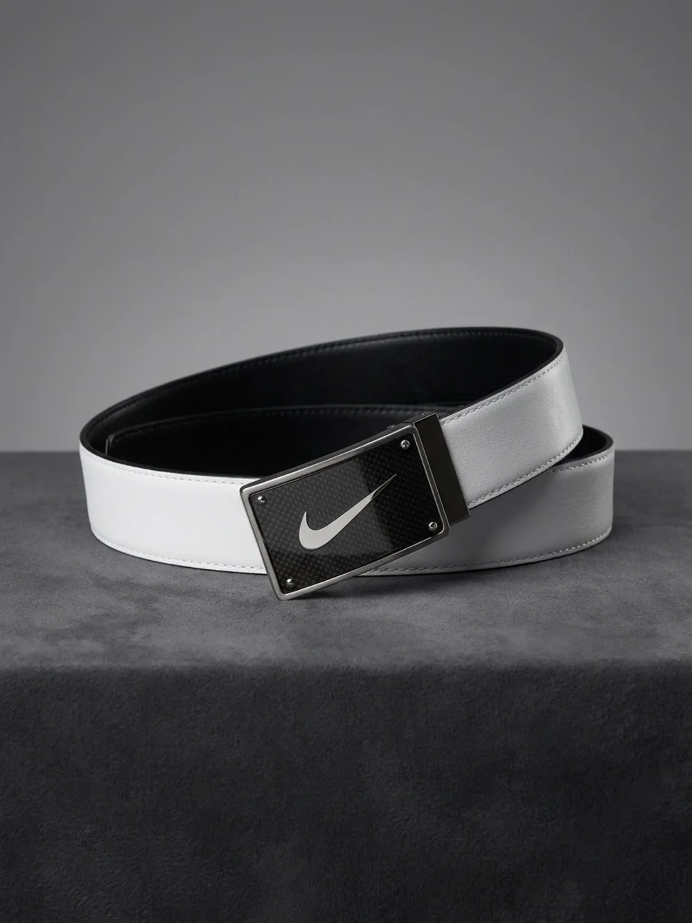 Nike Black and White Reversible Leather Belt with Brushed Metal Swoosh Buckle